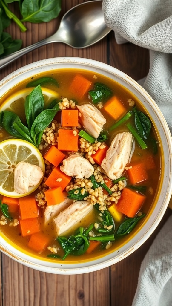 A bowl of chicken quinoa soup with chicken, carrots, quinoa, and spinach, garnished with lemon, on a rustic table.
